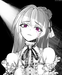 Rule 34 | absurdres, aludoru, bare shoulders, braid, character name, collarbone, dated, detached sleeves, dorothy (nikke), dress, frilled dress, frills, goddess of victory: nikke, greyscale, hair bun, hair ribbon, highres, long hair, looking at viewer, monochrome, parted lips, purple eyes, ribbon, spot color, tearing up