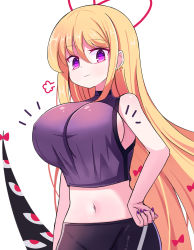 Rule 34 | 1girl, alternate costume, arm at side, black leggings, blonde hair, blush, bow, breasts, closed mouth, covered erect nipples, cowboy shot, crop top, earrings, fingernails, gap (touhou), hair bow, hair ribbon, hand on own hip, happy, highres, jewelry, large breasts, leggings, long hair, looking at viewer, midriff, nail polish, navel, notice lines, purple eyes, purple nails, purple pupils, ribbon, shiny clothes, shirt, sideboob, sidelocks, simple background, sleeveless, sleeveless shirt, smile, solo, sparkle, sseopik, taut clothes, taut shirt, touhou, very long hair, white background, yakumo yukari
