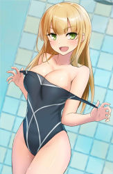 Rule 34 | &gt;:d, 1girl, :d, bad id, bad pixiv id, bare arms, bare legs, bare shoulders, black one-piece swimsuit, blonde hair, blunt bangs, blush, breasts, cccpo, cleavage, clothes pull, collarbone, competition swimsuit, covered navel, cowboy shot, dutch angle, female focus, green eyes, hands up, large breasts, legs, long hair, looking at viewer, naughty face, neck, off shoulder, one-piece swimsuit, one-piece swimsuit pull, open mouth, original, smile, solo, standing, strap pull, strap slip, swimsuit, tile wall, tiles