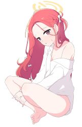 Rule 34 | 1girl, absurdres, bare legs, blue archive, grey eyes, hagoonha, halo, highres, indian style, long hair, red hair, shirt, simple background, single bare shoulder, sitting, white background, white shirt, yuzu (blue archive)