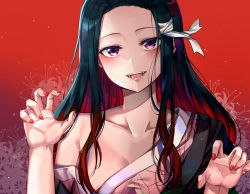 Rule 34 | 1girl, :d, absurdres, bare shoulders, black hair, black kimono, breasts, claw pose, collarbone, commentary, fangs, forehead, hair ribbon, hands up, highres, japanese clothes, kamado nezuko, kimetsu no yaiba, kimono, long hair, looking at viewer, multicolored hair, nail polish, off shoulder, open mouth, purple eyes, red background, red hair, red nails, ribbon, sidelocks, small breasts, smile, solo, sunhyun, two-tone hair, upper body