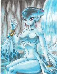 Rule 34 | 2018, blue skin, bracelet, breasts, cave, collarbone, colored pencil (medium), colored skin, earrings, fins, fish girl, jewelry, lips, monster girl, navel, nintendo, no nipples, nose, nude, princess ruto, purple eyes, ravernclouk design, signature, sitting, smile, tagme, the legend of zelda, the legend of zelda: ocarina of time, traditional media, water, waterfall, zora