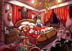 Rule 34 | 1girl, absurdres, ahoge, baba (baba seimaijo), bed, bedroom, birdcage, blanket, blue bow, blue bowtie, blue eyes, bow, bowtie, box, braid, cage, chandelier, curtains, flower, gift, gift box, hair bow, highres, indoors, izayoi sakuya, juliet sleeves, long sleeves, maid, maid headdress, moon, night, night sky, open window, portrait (object), puffy sleeves, red bow, red moon, remilia scarlet, silver hair, skull, sky, solo, star (sky), starry sky, stuffed animal, stuffed toy, teddy bear, touhou, trash bag, tupai (touhou), twin braids, vacuum cleaner, window