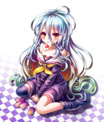 Rule 34 | 10s, 1girl, ace (playing card), ace of hearts, bare shoulders, card, daphne zhang, heart, highres, long hair, messy hair, no game no life, orange eyes, playing card, shiro (no game no life), silver hair, skirt, socks, solo, tankodaphne