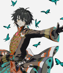 Rule 34 | 1boy, black hair, blue butterfly, blue eyes, bug, butterfly, ensemble stars!, facing viewer, grey background, headset, hermitage (ensemble stars!), heterochromia, highres, insect, kagehira mika, long sleeves, looking to the side, male focus, official alternate costume, open mouth, short hair, simple background, solo, tami tome mo, yellow eyes