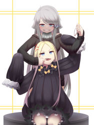 Rule 34 | 10s, 2girls, abigail williams (fate), absurdres, ahoge, anger vein, bad id, bad pixiv id, black bow, black sweater, blonde hair, bloomers, blue eyes, blush, bow, crossover, dress, fate/grand order, fate (series), finger in another&#039;s mouth, grey hair, grin, hair ornament, hair scrunchie, hair tie, highres, holding, imouto sae ireba ii, kani nayuta, long hair, long sleeves, looking up, multiple girls, open mouth, orange bow, scrunchie, sitting, sleeves past wrists, smile, standing, sugar (dndi888), sweater, sweater dress, swept bangs, underwear, v-shaped eyebrows, very long hair, white background