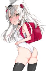 Rule 34 | 1girl, alternate costume, amatsukaze (kancolle), ass, backpack, bag, black thighhighs, blush, brown eyes, chigasaki yukari, commentary request, cowboy shot, from behind, hair bobbles, hair ornament, hat, highres, kantai collection, long hair, looking at viewer, looking back, mini hat, one-piece swimsuit, pout, randoseru, school swimsuit, silver hair, simple background, smoke, solo, standing, swimsuit, thighhighs, two side up, wedgie, white background, white one-piece swimsuit, white school swimsuit