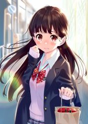Rule 34 | 1girl, bad id, bad pixiv id, bag, blazer, blue jacket, blurry, blurry background, blush, bow, box, brown hair, closed mouth, collared shirt, commentary request, day, depth of field, gift, gift box, hand up, highres, holding, holding bag, jacket, long hair, long sleeves, looking at viewer, moe2019, open clothes, open jacket, original, outdoors, paper bag, pink sweater, plaid, plaid skirt, pleated skirt, polka dot, polka dot bow, red bow, red eyes, road sign, school uniform, shirt, sign, skirt, sleeves past wrists, solo, sunlight, sweater, tsukiman, very long hair, wavy mouth, white shirt