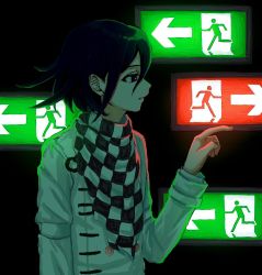 Rule 34 | 1boy, black background, black hair, buttons, checkered clothes, checkered scarf, closed mouth, danganronpa (series), danganronpa v3: killing harmony, double-breasted, from side, hair between eyes, hand up, index finger raised, light, long sleeves, male focus, oma kokichi, profile, renshu usodayo, scarf, short hair, sign, solo, straitjacket, upper body