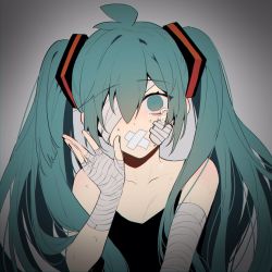 Rule 34 | 1girl, ahoge, alternate costume, bandage on face, bandage over one eye, bandaged arm, bandaged hand, bandaged head, bandages, bandaid, bandaid on face, bare shoulders, black shirt, breasts, collarbone, commentary request, covered mouth, crying, crying with eyes open, gradient background, green eyes, green hair, grey background, hair ornament, hand up, hatsune miku, highres, long hair, looking at viewer, nanin, shirt, small breasts, solo, tearing up, tears, twintails, upper body, vocaloid