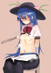 Rule 34 | &gt;:(, 1girl, apron, arms behind back, asuzemu, bad id, bad twitter id, bdsm, black hat, black skirt, blue hair, blush, bondage, bound, bound arms, bow, bowtie, breasts, brown background, chair, commentary request, feet out of frame, food, fruit, hair between eyes, hat, hinanawi tenshi, leaf, long hair, long skirt, looking at viewer, navel, nipples, one eye closed, peach, puffy short sleeves, puffy sleeves, red bow, red bowtie, red eyes, shirt, short sleeves, simple background, sitting, skirt, small breasts, solo, stomach, sweat, touhou, v-shaped eyebrows, very long hair, waist apron, white apron, white shirt, wing collar