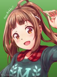 Rule 34 | 1girl, absurdres, blush, breasts, brown eyes, brown hair, collared sweater, gradient background, green background, hair ornament, hairclip, hand up, happy birthday, highres, medium breasts, open mouth, ponytail, shirt, solo, tachikawa midori, tokimeki idol, twitter username, upper body, whip lettuce