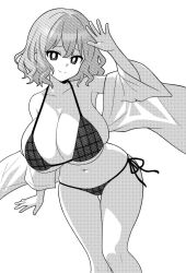 Rule 34 | 1girl, bikini, breasts, bright pupils, cleavage, closed mouth, commentary request, detached sleeves, greyscale, huge breasts, kazami yuuka, looking at viewer, monochrome, navel, onkn sxkn, plaid, plaid bikini, short hair, smile, solo, swimsuit, touhou, wide sleeves