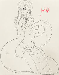 Rule 34 | 1girl, bare shoulders, between breasts, breasts, cleavage, coiled, commission, completely nude, covering breasts, covering privates, destinybetweenworlds, detailed knuckles, eyelashes, greyscale, highres, lamia, large breasts, long eyelashes, long hair, looking at viewer, monochrome, monster girl, navel, nude, original, parted lips, playing with own hair, pointy ears, scales, seductive smile, signature, sitting, sitting on own tail, sketch, skinny, smile, snake girl, solo, tail, teasing, wide hips