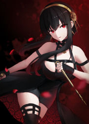 Rule 34 | 1girl, absurdres, bare shoulders, black dress, black gloves, black hair, black thighhighs, blood, bloody weapon, breasts, closed mouth, dagger, dress, dual wielding, earrings, falling petals, fingerless gloves, floating hair, floral print, gloves, gold earrings, gold hairband, hairband, highres, holding, holding dagger, holding knife, holding weapon, hwa sawa, jewelry, knife, large breasts, long hair, looking to the side, off-shoulder dress, off shoulder, petals, red eyes, red lips, reverse grip, rose petals, rose print, short hair with long locks, solo, spikes, spy x family, thighhighs, two-sided dress, two-sided fabric, v-shaped eyebrows, weapon, yor briar