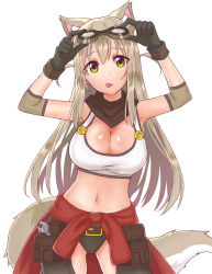 Rule 34 | 1girl, :p, adjustable wrench, animal ears, blush, breasts, cleavage, clothes around waist, elbow pads, fox, fox ears, gloves, goggles, goggles on head, grey hair, halterneck, halterneck, highres, large breasts, lily the mechanic, long hair, looking at viewer, lost pause, mascot, mechanic, monotsuki, navel, solo, tongue, tongue out, tool belt, tools, upper body, wrench, yellow eyes