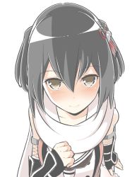 Rule 34 | 10s, 1girl, bad id, bad nicoseiga id, bare shoulders, black hair, blush, brown eyes, buttons, commentary request, elbow gloves, fingerless gloves, gloves, hair between eyes, hair ornament, kantai collection, looking at viewer, masupa kiriu, neckerchief, scarf, school uniform, sendai (kancolle), sendai kai ni (kancolle), serafuku, simple background, smile, solo, two side up, white background, white scarf