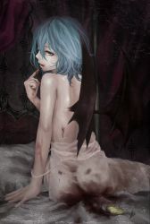 Rule 34 | 1girl, akai kitsune, bad id, bad pixiv id, bat wings, bed, blue hair, canopy bed, clothes pull, cup, dress pull, drinking glass, female focus, finger to mouth, highres, looking back, nail polish, off shoulder, open mouth, pillow, pink eyes, red nails, remilia scarlet, short hair, sitting, solo, spilling, touhou, wine glass, wings