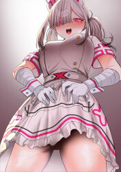 Rule 34 | 1girl, bandaged arm, bandages, blush, breasts, dress, from below, gloves, gomo, grey hair, hair ornament, hair over one eye, hat, highres, large breasts, long hair, looking at viewer, looking down, nijisanji, nurse, nurse cap, open mouth, pink eyes, simple background, solo, standing, sukoya kana, sukoya kana (1st costume), tongue, twintails, upskirt, virtual youtuber, white gloves, white wrist cuffs, wrist cuffs, x hair ornament