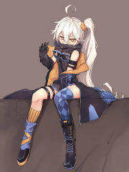 Rule 34 | 1girl, ahoge, argyle, argyle clothes, argyle legwear, black gloves, blue thighhighs, boots, brown background, coat, full body, girls&#039; frontline, gloves, goggles, highres, long hair, pkp (girls&#039; frontline), pkpkpppk, side ponytail, single thighhigh, sitting, solo, thighhighs, white hair, yellow eyes