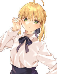 Rule 34 | 1girl, ahoge, arm up, artoria pendragon (all), artoria pendragon (fate), blonde hair, blouse, blue ribbon, closed mouth, collared shirt, commentary request, fate/stay night, fate (series), green eyes, hair ribbon, highres, long sleeves, looking at viewer, lq saku, neck ribbon, ribbon, saber (fate), shirt, sidelocks, simple background, skirt, solo, standing, upper body, white background, white shirt