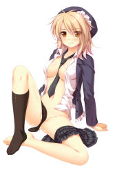 Rule 34 | 1girl, absurdres, alpha (yukai na nakamatachi), barefoot, beret, between breasts, black socks, blonde hair, blush, bottomless, breasts, censored, cleavage, convenient censoring, fang, feet, grin, hat, highres, kneehighs, leaning back, navel, necktie, no bra, no shoes, open clothes, open shirt, original, plaid, plaid skirt, pleated skirt, scan, shiny skin, shirt, short hair, simple background, single kneehigh, single sock, sitting, skirt, skirt around one leg, smile, socks, solo, spread legs, toes, white background, yellow eyes