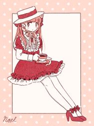 Rule 34 | 1girl, boater hat, border, bow, cup, dress, earrings, footwear bow, full body, hair bow, hat, hat ribbon, high heels, highres, holding, holding cup, invisible chair, jewelry, long hair, long sleeves, no nose, noeru (noellemonade), original, pink border, pink eyes, polka dot, red bow, red dress, red footwear, red ribbon, ribbon, shoes, sitting, solo, teacup, twintails, white hat, white legwear
