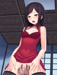 Rule 34 | 10s, 1girl, bare arms, bare shoulders, black eyes, black hair, black thighhighs, blush, breasts, censored, cowboy shot, detached collar, dress, embarrassed, female ejaculation, fingering, hanasaku iroha, indoors, legs, long hair, looking down, mosaic censoring, no panties, open mouth, pov, pussy, pussy juice, red dress, sleeveless, small breasts, solo focus, standing, tears, thighhighs, thighs, tsurugi minko, wet