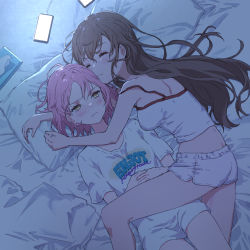 Rule 34 | 2girls, arms around neck, bare arms, bare shoulders, bed sheet, blanket, blush, breasts, brown hair, camisole, cellphone, charging device, closed eyes, closed mouth, clothes writing, commentary request, d4dj, dolphin shorts, hair between eyes, hair down, hair spread out, half-closed eyes, hands on own stomach, hands up, heads together, highres, interlocked fingers, inuyose shinobu, light, long hair, looking away, lying, medium breasts, messy sleeper, midriff, multiple girls, on back, on side, own hands together, phone, pillow, pink hair, shirt, short hair, short shorts, short sleeves, shorts, sleeping, sleeping on person, smartphone, spaghetti strap, strap slip, t-shirt, tissue box, wavy mouth, white camisole, white shirt, white shorts, yamate kyouko, yellow eyes, yuri, yutsumoe