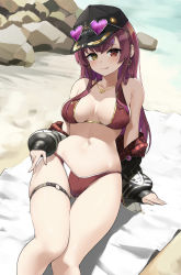 1girl absurdres akiki_(kiki) anchor_print arrow_through_heart bad_id bad_pixiv_id baseball_cap beach beach_towel bikini black_hat black_jacket blush breasts earrings eyewear_on_headwear feet_out_of_frame gluteal_fold hair_down hat heart heart-shaped_eyewear heart_earrings heart_necklace heterochromia highres hololive houshou_marine houshou_marine_(summer) jacket jacket_partially_removed jewelry large_breasts licking_lips long_hair looking_at_viewer navel necklace o-ring o-ring_thigh_strap off_shoulder official_alternate_costume red_bikini red_eyes red_hair sand sitting solo straight_hair swimsuit thigh_gap thigh_strap tongue tongue_out towel virtual_youtuber yellow_eyes