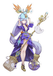 Rule 34 | 1girl, absurdly long hair, absurdres, bare legs, belt, blue eyes, blue feathers, blue gemstone, book, bow, breasts, broom, cameltoe, candy, chinese commentary, choker, cleavage, cleft of venus, closed mouth, creature on head, crown, dress, earrings, feathers, food, frilled sleeves, frills, full body, gem, ghost, gold earrings, hair between eyes, hair ornament, hands up, high heels, highres, holding, holding candy, holding food, jewelry, large breasts, liang yao xi yue, lips, long hair, long sleeves, looking at creature, looking up, orange feathers, original, panties, pantyshot, pointy ears, potion, purple choker, purple dress, purple footwear, simple background, sleeves past elbows, solo, standing, star-shaped pupils, star (symbol), symbol-shaped pupils, tachi-e, tearing up, thought bubble, two-tone footwear, underwear, very long hair, white background, white bow, white panties, yellow belt, yellow footwear