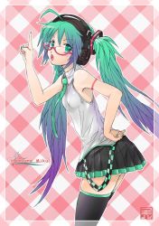 Rule 34 | 1girl, ahoge, bespectacled, character name, checkered background, glasses, gradient hair, green eyes, green hair, hand on own hip, hatsune miku, headphones, hip focus, kowiru, long hair, matching hair/eyes, multicolored hair, nail polish, necktie, open mouth, pointing, skirt, solo, tattoo, thighhighs, twintails, very long hair, vocaloid, lat model (mikumikudance)