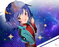 Rule 34 | 1boy, ahoge, blue eyes, blue hair, blush, card, cardfight!! vanguard, cropped jacket, highres, looking at viewer, male focus, marui shiro, red sweater, ribbed sweater, sendou aichi, signature, smile, solo, sweater