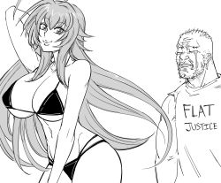 Rule 34 | 1boy, 1girl, alternate breast size, bb (baalbuddy), beard, biceps, bikini, breasts, cleavage, closed mouth, commentary, coomer (meme), english commentary, closed eyes, facial hair, greyscale, hand up, high school dxd, highres, huge breasts, long hair, looking at viewer, meme, monochrome, multi-strapped bikini, muscular, muscular male, navel, rias gremory, shirt, simple background, smile, swimsuit, tears, underboob, very long hair, white background