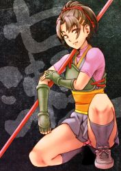 Rule 34 | 1girl, blue skirt, brown eyes, brown hair, closed mouth, commentary request, crotch, fingerless gloves, gloves, hair ornament, hair ribbon, hair up, hairclip, japanese clothes, kneeling, kuro ari (pixiv), long hair, nanase (street fighter), on one knee, panties, pink panties, polearm, ponytail, ribbon, sash, shadow, shoes, skirt, smile, sneakers, socks, solo, squatting, street fighter, street fighter ex (series), underwear, weapon, white background