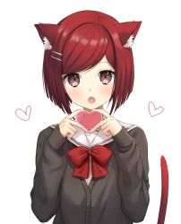 Rule 34 | 1girl, :o, animal ear fluff, animal ears, bad id, bad twitter id, blush, bow, breasts, cat ears, cat tail, commentary request, danganronpa (series), danganronpa v3: killing harmony, grey jacket, hair ornament, hairclip, heart, highres, jacket, long sleeves, looking at viewer, open mouth, red bow, red eyes, red hair, school uniform, short hair, simple background, sleeves past wrists, small breasts, solo, ssumbi, tail, upper body, white background, yumeno himiko