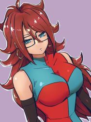 Rule 34 | 1girl, android 21, blue eyes, breasts, checkered clothes, checkered dress, closed mouth, dragon ball, dragon ball fighterz, dress, earrings, glasses, hoop earrings, jewelry, kemachiku, large breasts, long hair, looking at viewer, purple background, red hair, simple background, solo