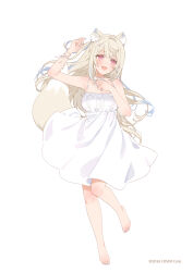Rule 34 | 1girl, :d, animal ears, arm up, bare arms, bare shoulders, barefoot, blue hair, blue nails, blush, breasts, dog ears, dog girl, dog tail, dress, fang, frilled dress, frills, fuwawa abyssgard, hololive, hololive english, light brown hair, long hair, medium breasts, miyako (xxxbibit), multicolored hair, nail polish, official art, one side up, open mouth, purple eyes, simple background, sleeveless, sleeveless dress, smile, solo, streaked hair, tail, very long hair, virtual youtuber, white background, white dress