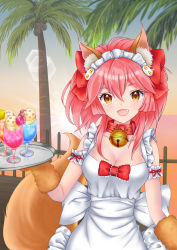 Rule 34 | 1girl, animal ear fluff, animal ears, animal hands, apron, artist name, bell, blush, breasts, cat hair ornament, cat paws, cleavage, coconut, collar, commentary, commentary request, cup, drinking glass, fang, fate/grand order, fate (series), fox ears, fox girl, fox tail, gloves, hair ornament, hair ribbon, highres, jingle bell, large breasts, long hair, looking at viewer, naked apron, neck bell, open mouth, outdoors, palm leaf, palm tree, palms, paw gloves, pink hair, ponytail, red ribbon, ribbon, solo, tail, tamamo (fate), tamamo cat (fate), tree, white apron, yellow eyes