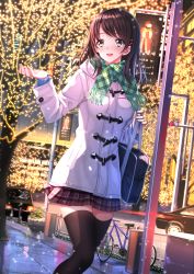 Rule 34 | 1girl, bag, bicycle, black thighhighs, blush, brown hair, building, car, christmas, christmas lights, city, coat, duffel coat, hair ornament, hairclip, highres, hood, hood down, lamppost, long hair, long sleeves, looking away, motor vehicle, open mouth, original, outdoors, pavement, plaid, plaid scarf, plaid skirt, plant, pleated skirt, potted plant, road, scarf, school bag, shoulder bag, sign, signpost, skirt, smile, snow, solo, swordsouls, thighhighs, traffic light, tree, zettai ryouiki