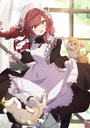 Rule 34 | 1girl, absurdres, alternate costume, apron, black dress, blush, braid, broom, cat, curtsey, dress, enmaided, frilled apron, frills, highres, holding, holding broom, idolmaster, idolmaster shiny colors, long dress, long hair, maid, maid apron, maid headdress, official alternate costume, osaki amana, puffy sleeves, red hair, reikakrzk, skirt hold, smile, solo, swept bangs, twin braids, victorian maid, white apron, yellow eyes