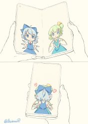Rule 34 | 1other, 2girls, 2koma, absurdres, ascot, blue dress, blue eyes, blue hair, bow, cellphone, chibi, cirno, collared shirt, comic, daiyousei, dress, fairy wings, green eyes, green hair, hair blush, hair bow, hands on own hips, heart, highres, holding, holding phone, ice, ice wings, kiss, lbcirno9, multiple girls, neck ribbon, phone, pinafore dress, ribbon, sepia, shirt, short hair, side ponytail, silent comic, sleeveless dress, smartphone, touhou, twitter username, white shirt, wings, yellow ascot, yellow bow, yuri