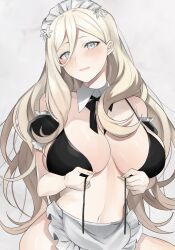 Rule 34 | 1girl, alternate costume, blonde hair, blue eyes, breasts, cleavage, hair between eyes, highres, kantai collection, large breasts, long hair, looking at viewer, mole, mole under eye, mole under mouth, richelieu (kancolle), solo, toriniku senshi chikinman, upper body
