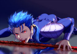Rule 34 | 1boy, all fours, armor, ass, beads, blue hair, bodysuit, cu chulainn (fate), earrings, eilinna, fangs, fate/stay night, fate (series), gae bolg (fate), hair beads, hair ornament, jewelry, cu chulainn (fate/stay night), licking, licking weapon, long hair, male focus, open mouth, pauldrons, polearm, ponytail, red eyes, reflection, saliva, shoulder armor, skin tight, slit pupils, solo, sparkle, spiked hair, tongue, tongue out, type-moon, weapon