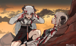 Rule 34 | 2girls, arknights, blood, blood on face, blood on hands, closed eyes, commentary, english commentary, grey hair, horns, ifrit (arknights), invincible (series), jason kim, long hair, lying, meme, multiple girls, on back, open mouth, parody, pointing, pointing at self, saria (arknights), shorts, shorts under skirt, skirt, think mark think! (meme), twitter username, yellow eyes