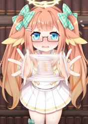 Rule 34 | absurdres, blue archive, blue eyes, blush, bow, commentary request, embarrassed, flying sweatdrops, gradient hair, green bow, hair bow, halo, highres, holding, holding clothes, holding panties, holding underwear, kinomiki nobori, long hair, looking at viewer, multicolored hair, nose blush, open mouth, orange hair, panties, partial commentary, pee stain, plaid, plaid bow, presenting removed panties, shimiko (blue archive), shirt, skirt, stained panties, sweatdrop, tearing up, tears, underwear, white shirt, white skirt, yellow halo