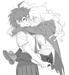 Rule 34 | 2girls, absurdres, ahoge, breasts, carrying, carrying person, closed mouth, danganronpa (series), danganronpa 2: goodbye despair, eye contact, from side, frown, genderswap, genderswap (mtf), hands on ass, highres, hinata hajime, jacket, komaeda nagito, large breasts, laz (wancchaco), leg lock, long hair, looking at another, messy hair, multiple girls, necktie, open clothes, open jacket, pleated skirt, profile, shirt, shoes, short hair, short sleeves, skirt, smile, spiked hair, standing leg lock, thighhighs, torn clothes, torn jacket, yuri