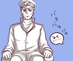 Rule 34 | &gt; &lt;, 10s, 1boy, a9b (louis814), admiral (kancolle), closed eyes, hat, kantai collection, male focus, military, military hat, military uniform, peaked cap, simple background, sitting, solo, spoken blush, translation request, uniform