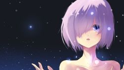 Rule 34 | 1girl, bare shoulders, bright (long-ago), collarbone, fate/grand order, fate (series), hair over one eye, mash kyrielight, night, night sky, open mouth, purple eyes, purple hair, short hair, sky, solo, star (sky)