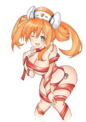 Rule 34 | 1girl, ;d, arm ribbon, bare shoulders, blue eyes, blush, bow, bowtie, breasts, christmas, cleavage, commentary, english commentary, fingers to mouth, hair rings, hand on own knee, hand up, happy, hat, highres, large breasts, leaning forward, leg ribbon, long hair, merry christmas, neck ribbon, neptune (series), nitoya, nurse cap, one eye closed, open mouth, orange hair, orange heart (neptunia), panties, power symbol, power symbol-shaped pupils, red panties, ribbon, ribbon bra, shin jigen game neptune vii, side-tie panties, smile, solo, symbol-shaped pupils, twintails, underwear